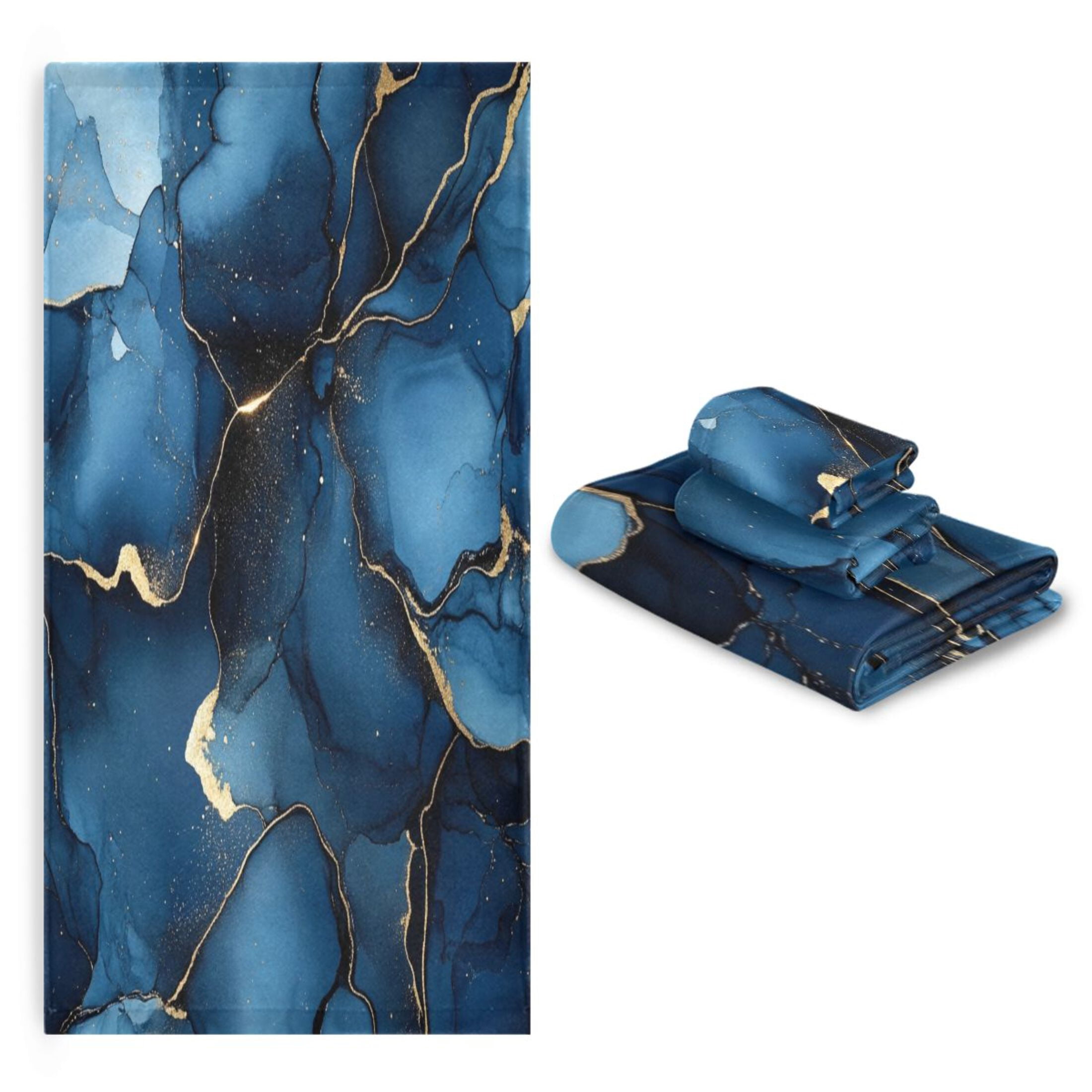 WOBOGO Navy Blue Gilt Marbles Ultra Soft 3 Pack Cotton Towel Set Includes 60 x 30in Bath Towel 28 x 16in Face Towel and 13 x 13in Small Square Towel for Everyday Use Lightweight and Compact