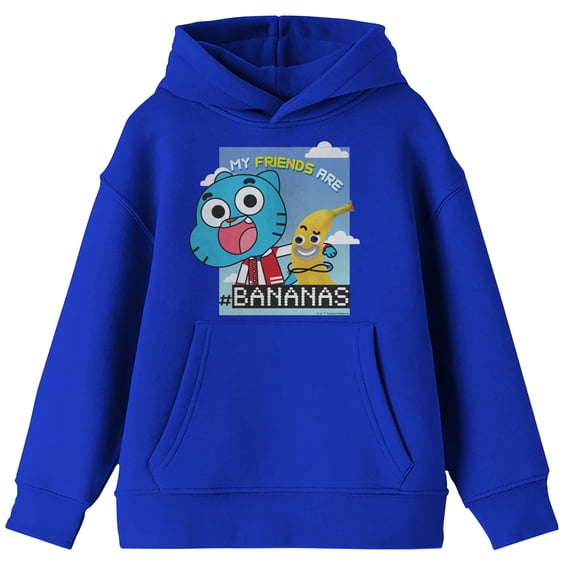 The Amazing World Of Gumball My Friends Are Bananas Youth Royal Blue Long Sleeve Hooded Sweatshirt-Medium