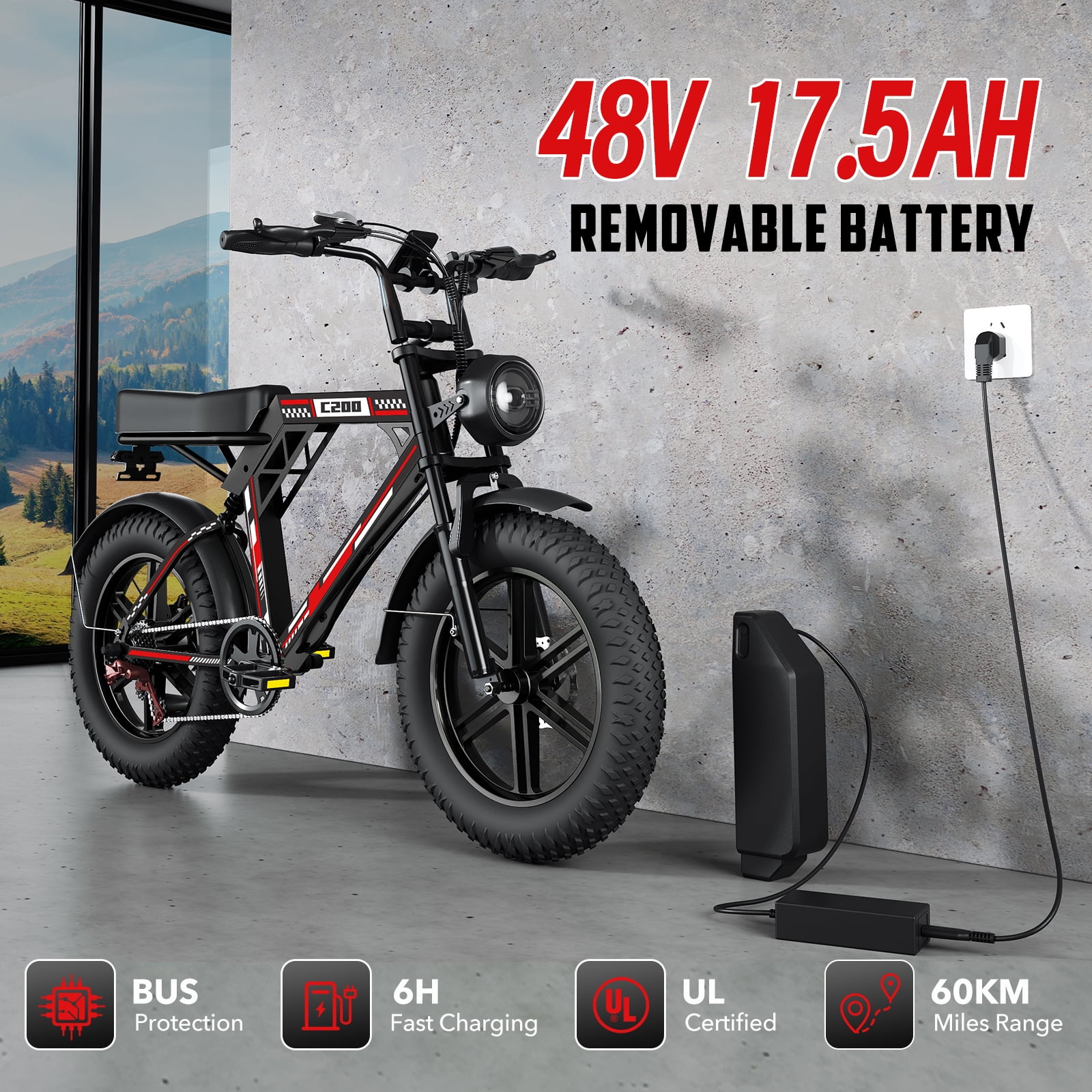 UL2849 Electric Bike for Adults, 1000W Motor, 20"x4" Fat Tire, 48V/17.5AH