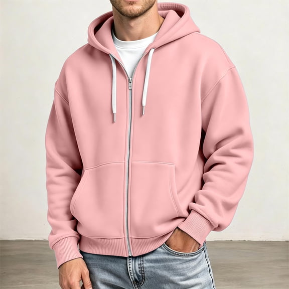 Lumtrix Zip Up Hoodie Men Long Sleeve Solid Color Plain Hooded Sweatshirts Casual Fall Spring Winter Track Jackets Pink 3XL