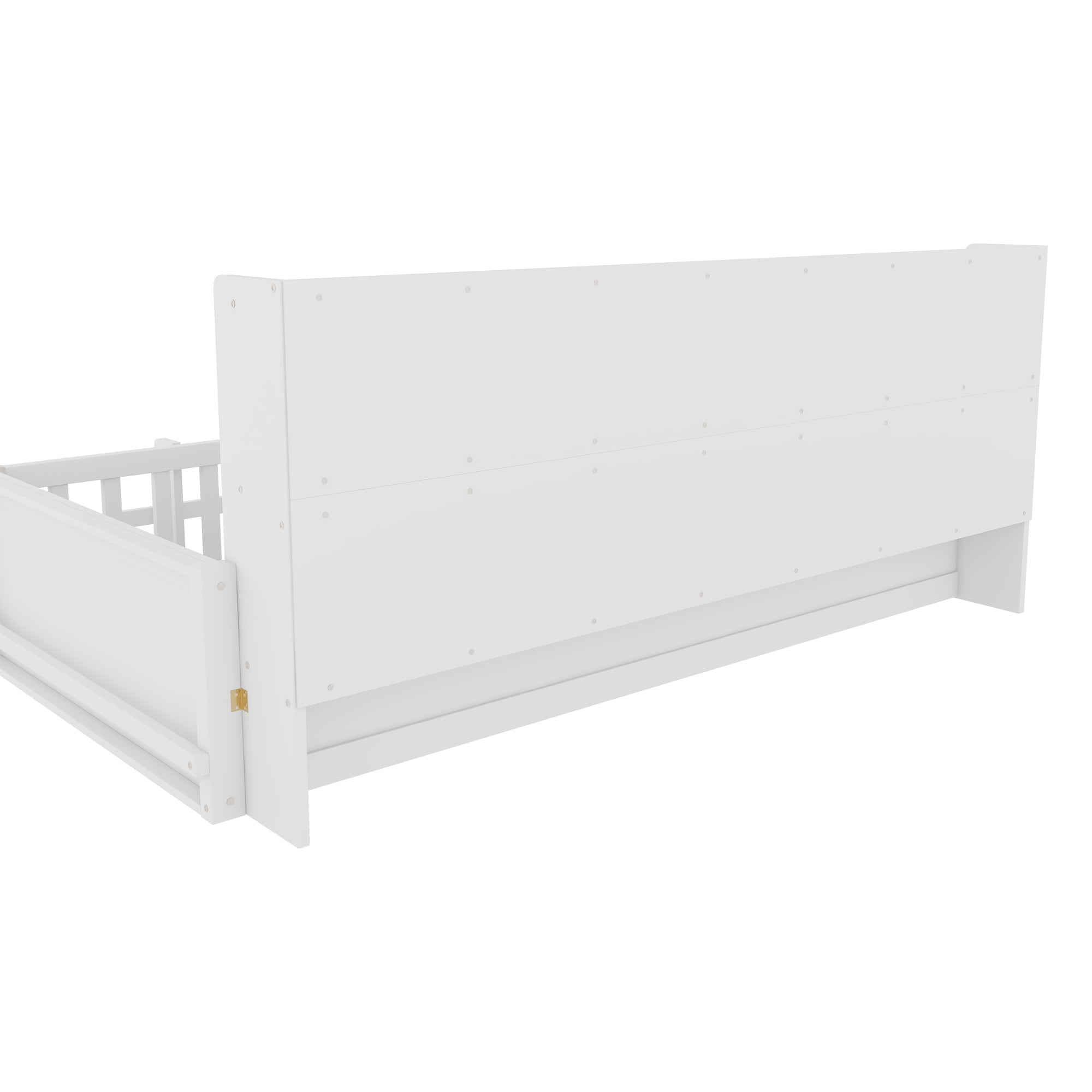 Mintazer Twin Size Montessori Floor Bed with Bookshelf & Guardrails, Kids Platform Bed Frame with Storage Cubbies for Bedroom, White