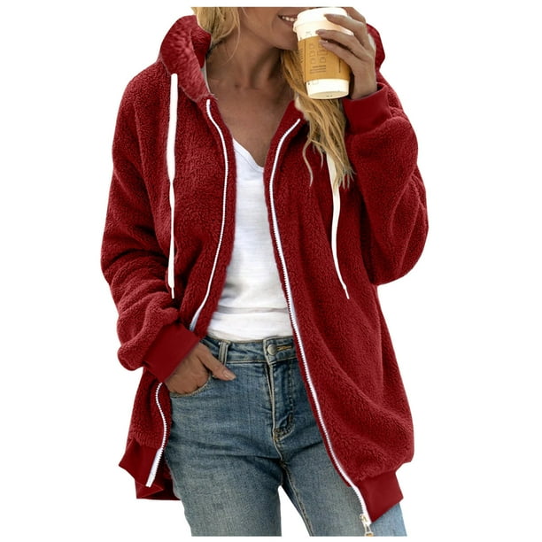 Gibobby Chamarra mujer, Chamarra de forro polar mullida para mujer, con capucha, bloque de color, patchwork, abrigos, de gran tamaño, mullida, Sherpa con bolsillos(Vino,CH)