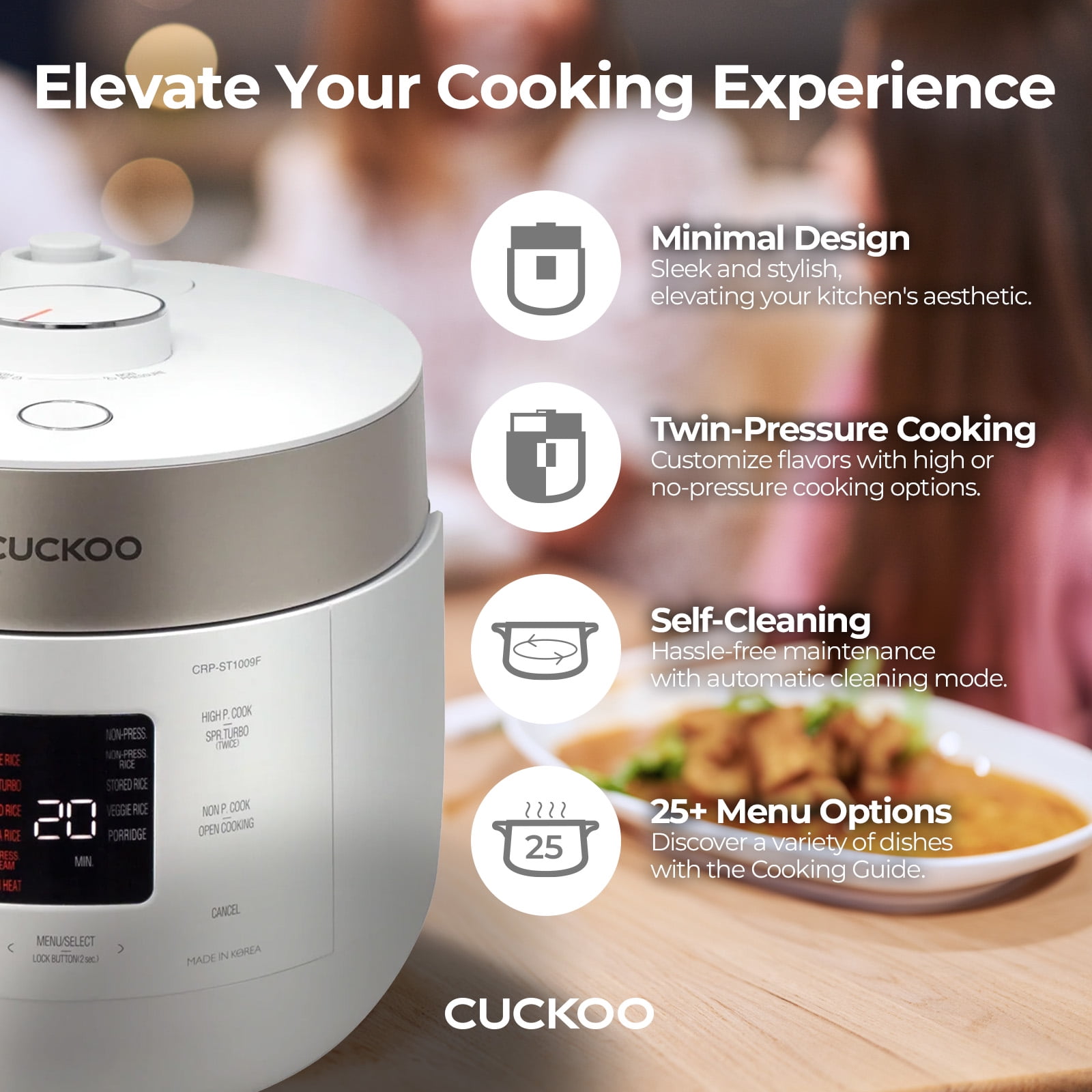CUCKOO Twin Pressure Rice Cooker 6-Cup Uncooked / 12-Cup Cooked with Nonstick Inner Pot, Versatile Rice Maker & Warmer with 16 Menu Options, Open Cooking Mode, Voice Guide, White (CRP-ST0609FW)