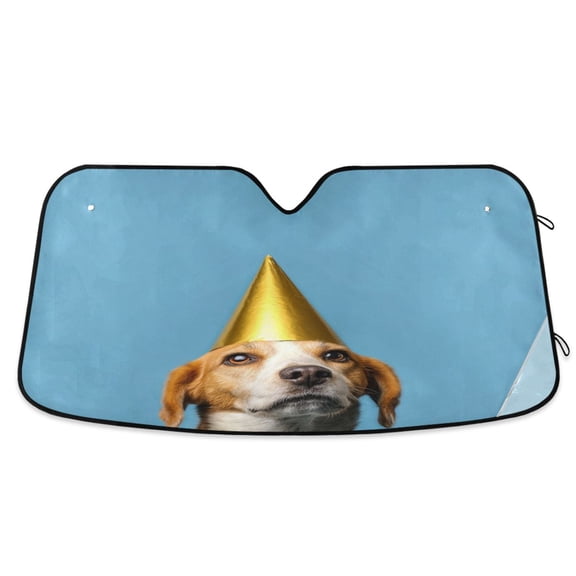 Iauyy Foldable Windshield Sun Shade for Cars, Interior Sun Protection for car UV Protection for Sedan/SUV/Truck, (S/M/L) Beagle Wearing A Party Hat