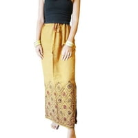 Mogul Women Maxi Skirt Orange Embroidered Straight Skirts, Side Slit Stonewashed Retro 70s Fashion Skirt S/M