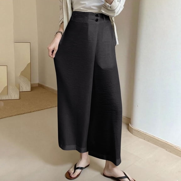 Maqroz Wide Leg Pants for Women Plus Size Casual Baggy Streetwear Cropped Pants Fashion Summer Pleated Capris Palazzo Trousers with Pockets Black M