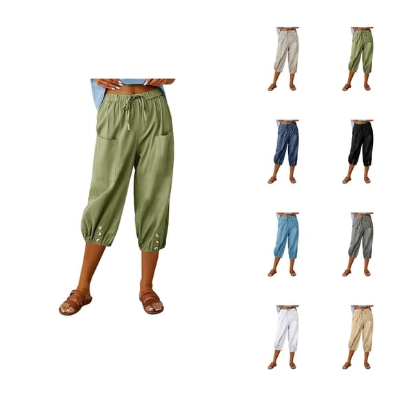 Capri Pants for Women 2025 High Elastic Waist Wide Straight Leg Button Loose Capris with Pockets Womens Cropped Pants