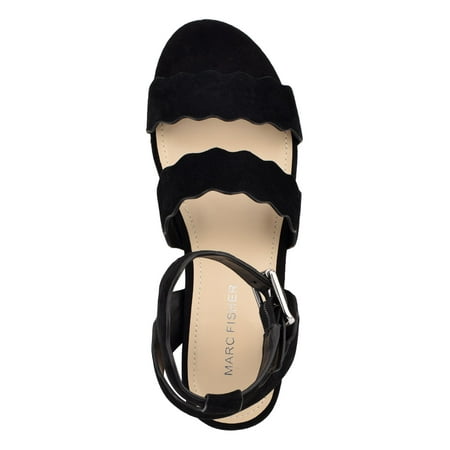 

MARC FISHER Womens Black 1 Platform Padded Cork-Like Jute Detailing Scalloped Ankle Strap Fayme Round Toe Wedge Buckle Leather Slingback Sandal 10 M
