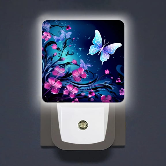 LED Night Lights Lamp with Dusk to Dawn Sensor, Beautiful Background With Glowing Purple Flowers And Butterfly Night Light Plug Into Wall for Kids Room, Bedroom, Bathroom, Kitchen, Hallway