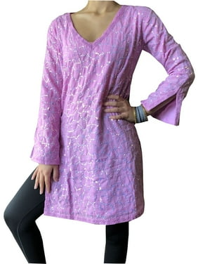 Mogul Women Boho Chic Pink Sequin Work Embroidered Cotton Kurti S