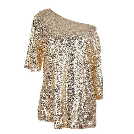 Sequin Dance Top Womens Off-shoulder Sexy Blouses Loose Shirt Tops Glistening Sequin Tank Top Blouse ()