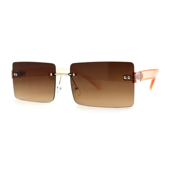 Mens Classic Minimal Thin Rectangle Rimless Sunglasses Peach Brown
