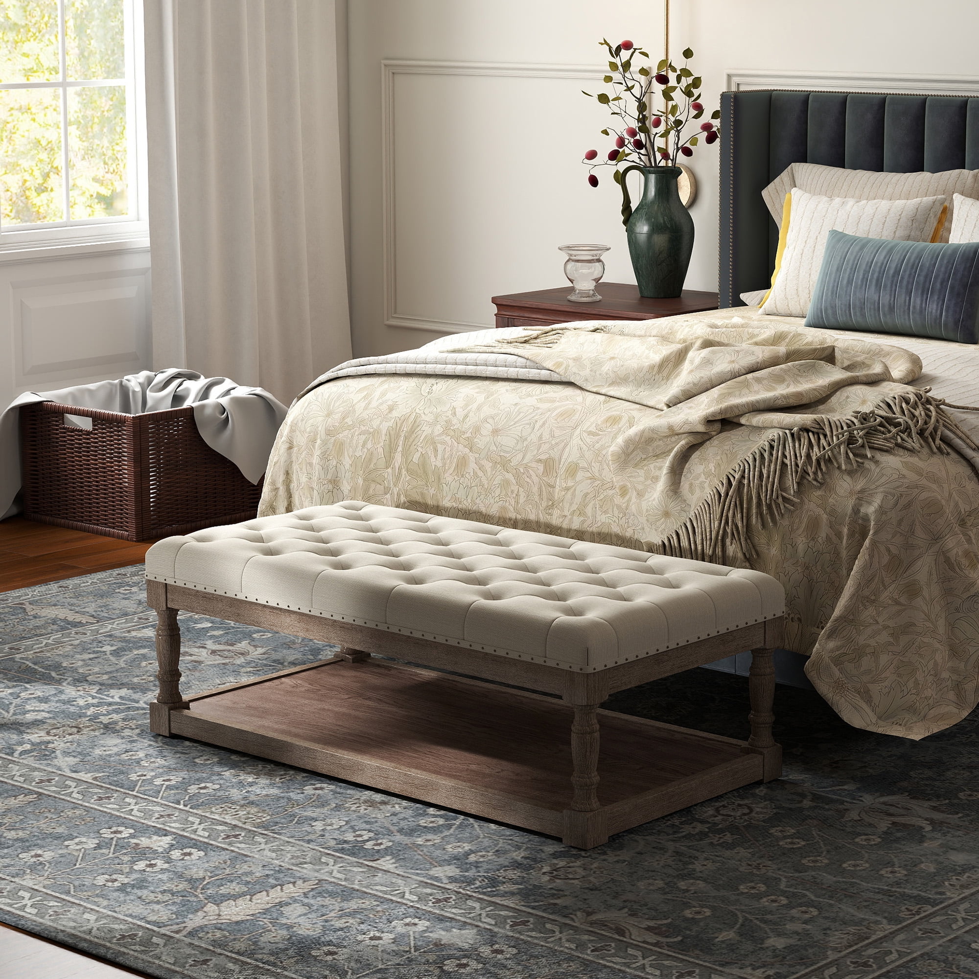Rectangular Upholstered Tufted Linen Fabric Ottoman Bench,Padded Bench with Solid Wood Shelf-Linen,Comes with Storage,Coffee Table,Tufted Living Room Design