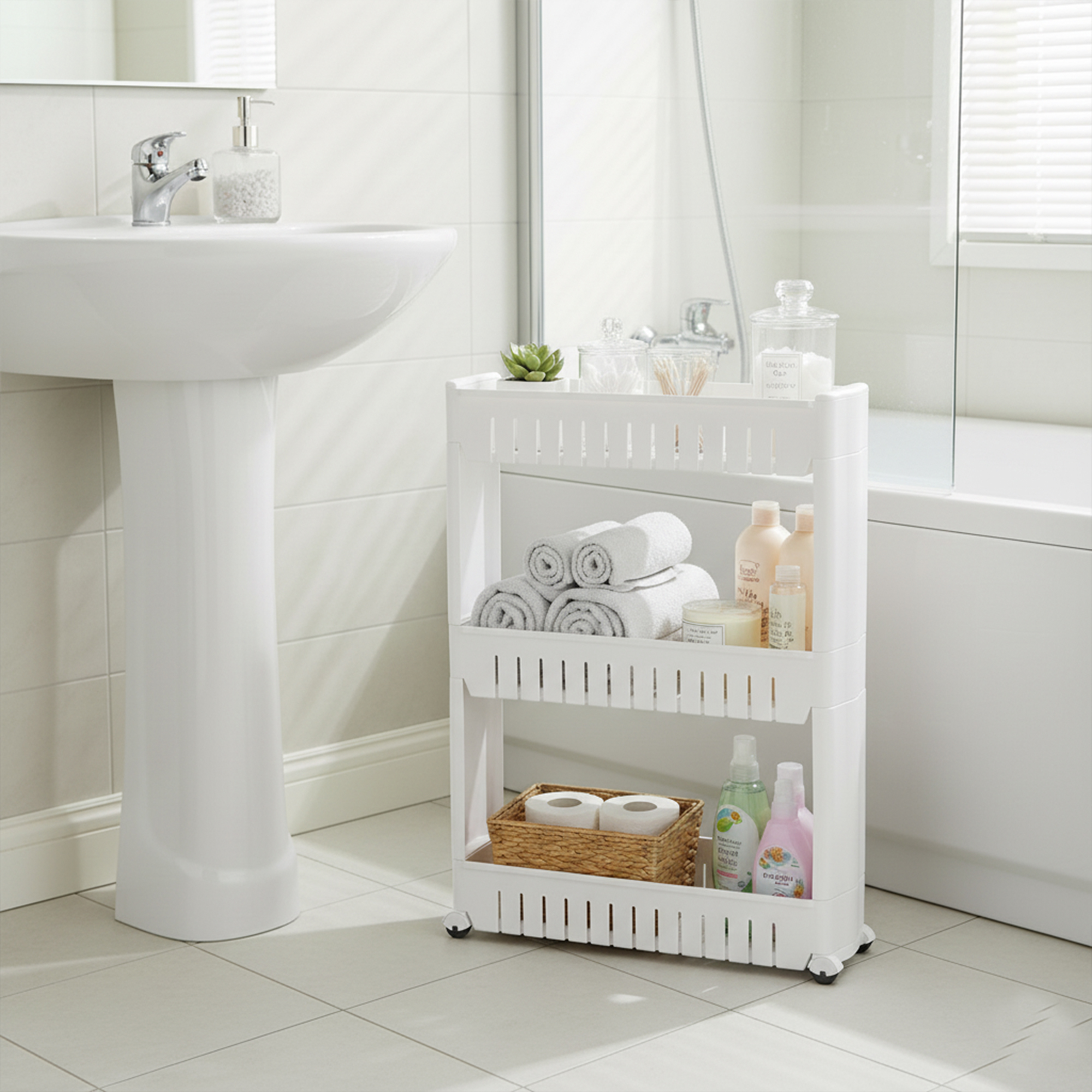 Evideco 3 Tier Slim Rolling Multi Purpose Utility Cart Kitchen-Bath - 28.4" H x 21.3" L x 4.8"W White