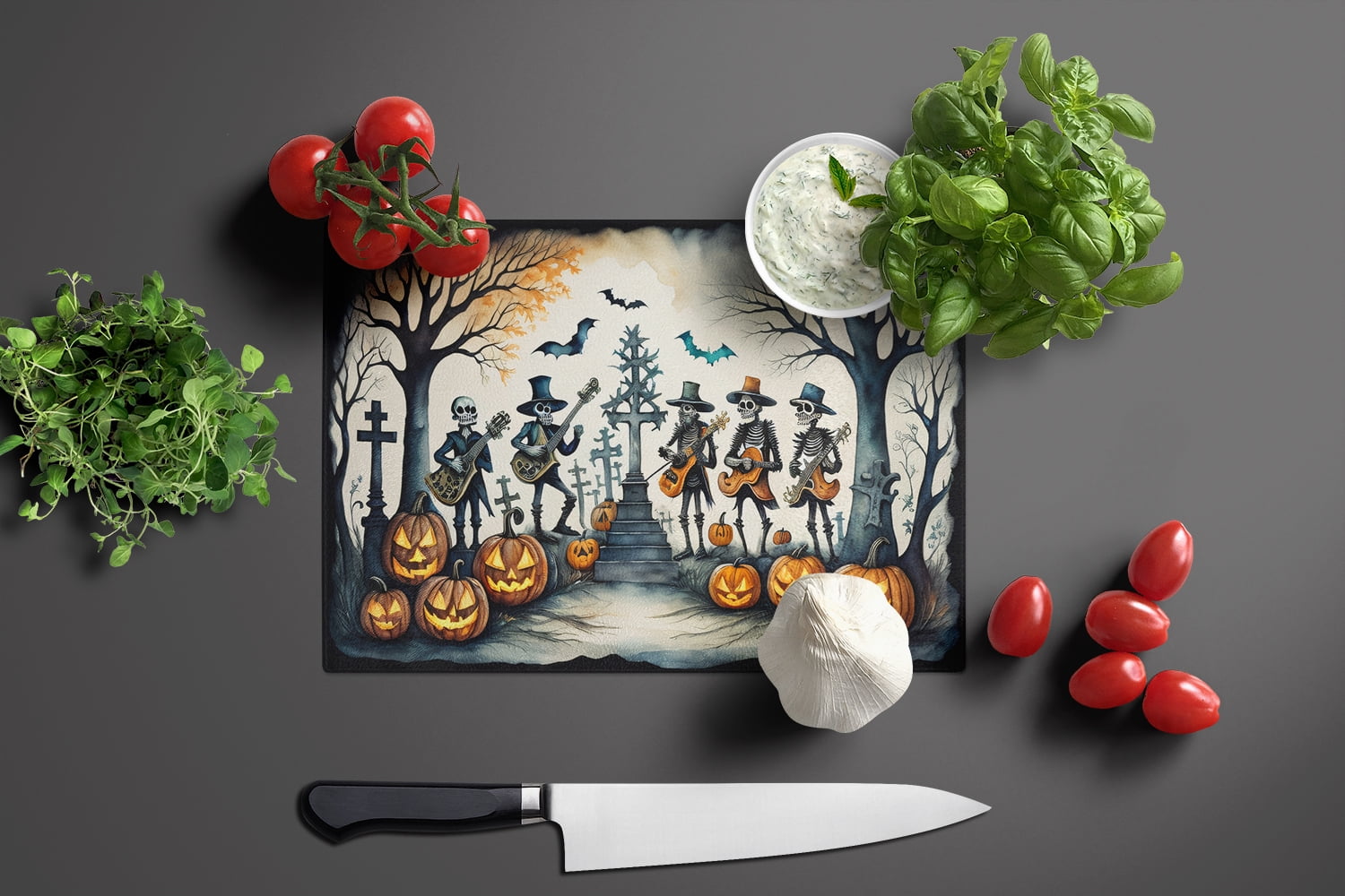 Mariachi Skeleton Band Spooky Halloween Glass Cutting Board Large 12 in x 15 in