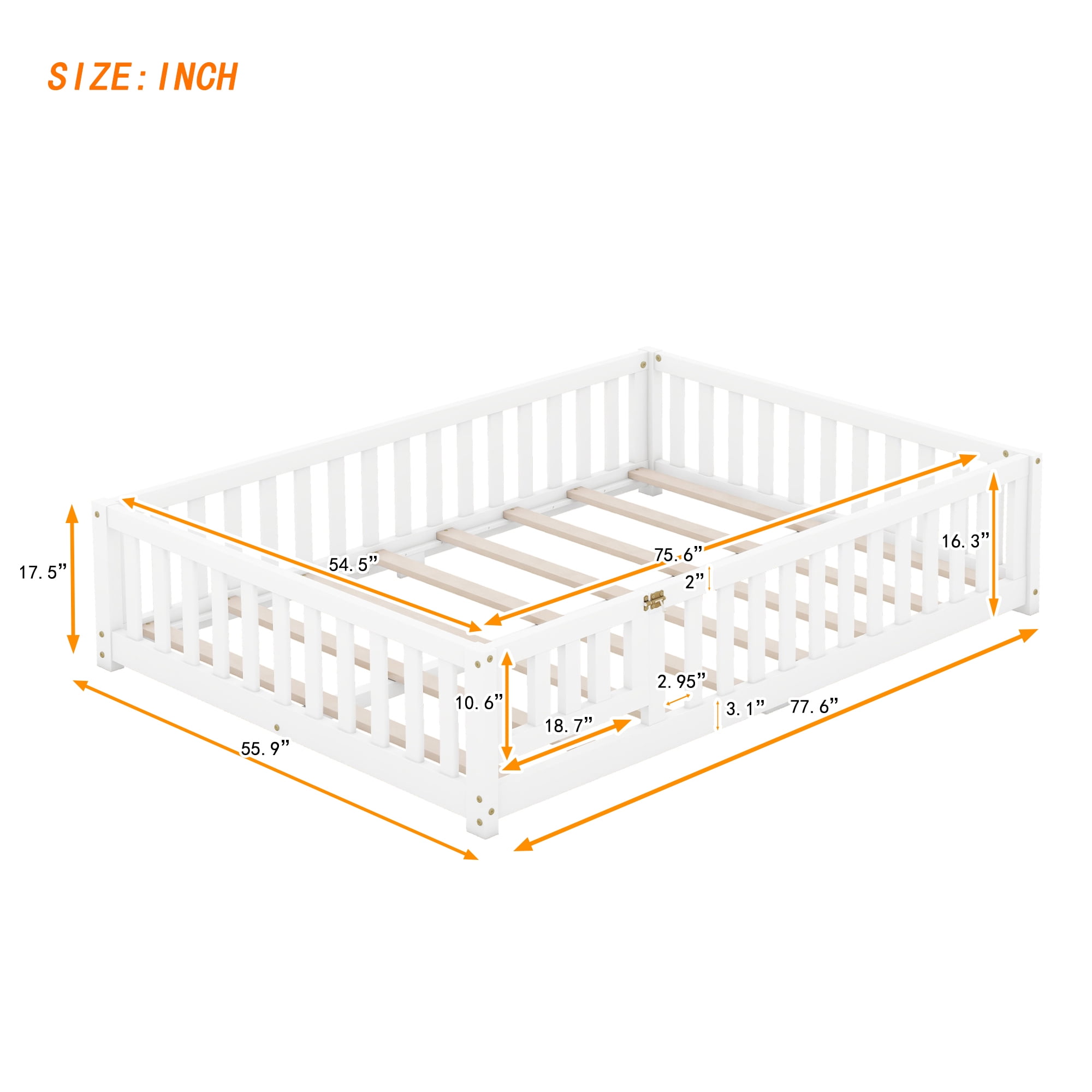DEALTOPS Full Size Floor Bed with Safety Guardrails and Door Montessori Wood Bed Frame for Kids, White