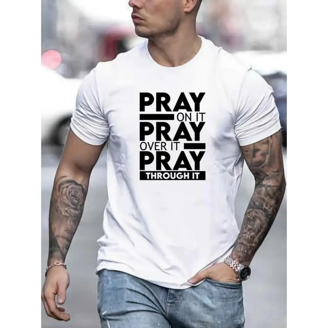 PRAY Print T Shirt, Tees For Men, Casual Short Sleeve T-shirt For Summer