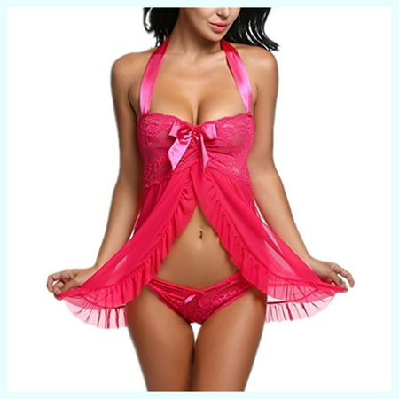 

OVTICZA Lingerie for Women Chemise Halter Babydoll Lace See Through Nightgown Sleepwear Hot Pink S