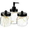 Set of 3 Clear Glass Soap Dispenser with Pump & Mason Jar Canisters, Rustic Black Bathroom Accessories