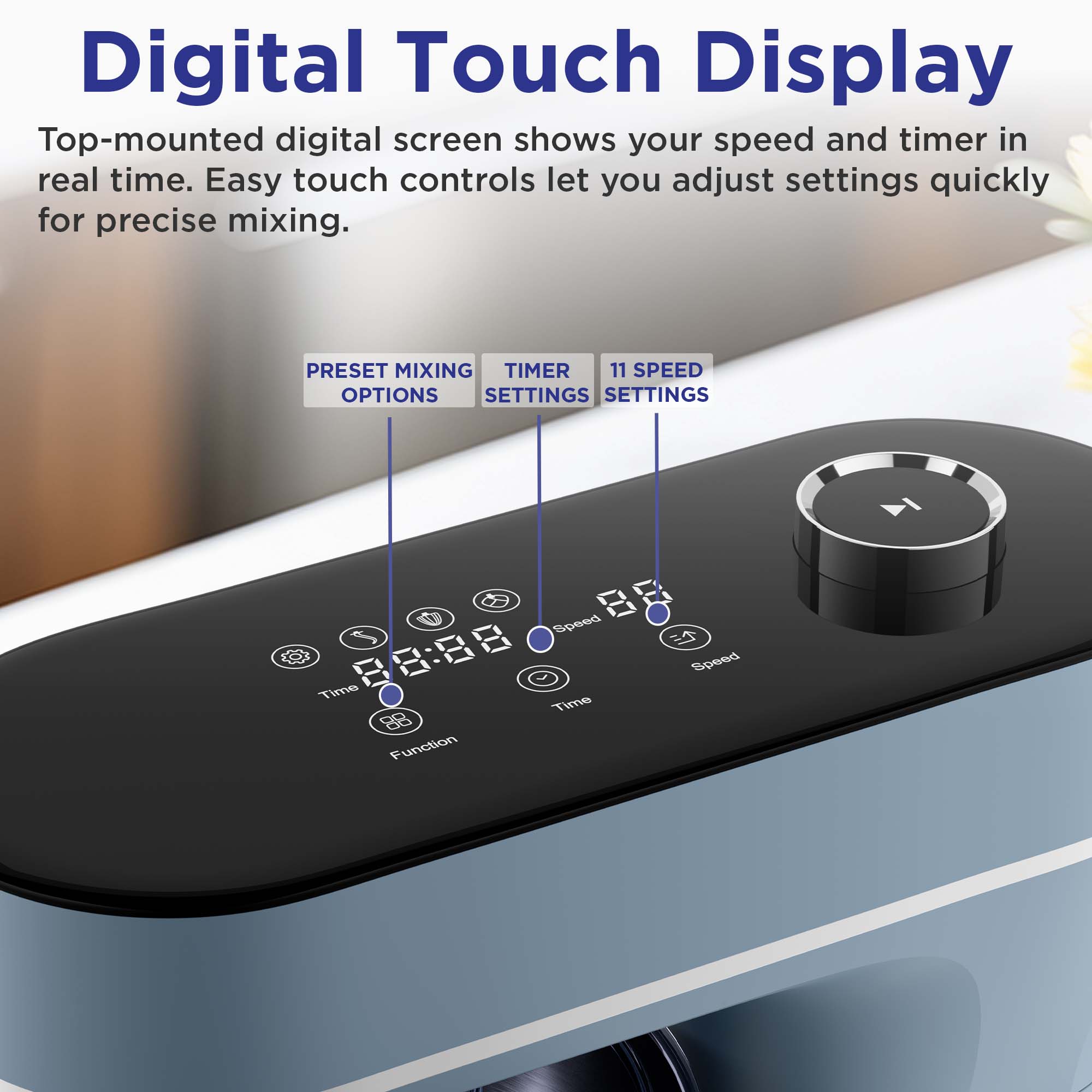 Magnavox 6.0L Digital Touch Screen Stand Mixer with Stainless Steel Bowl, 11-Speed, Tilt-Head, Planetary Mixing, 660W Motor, Dough Hook, Beater, Whisk, Bowl Cover