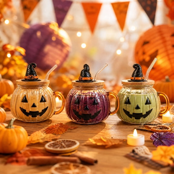 Halloween Themed Clear Glass Tumbler with Lid, Highland Cow Ghost Pumpkin Pattern Drinking Cup, Large Capacity Kitchen Water Glass for Juice Cocktail Coffee Home Bar Party Holiday Gift