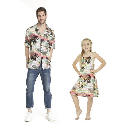 Matching Father Daughter Hawaiian Luau Shirt Round Neck Dress Neon Sunset Men L Girl