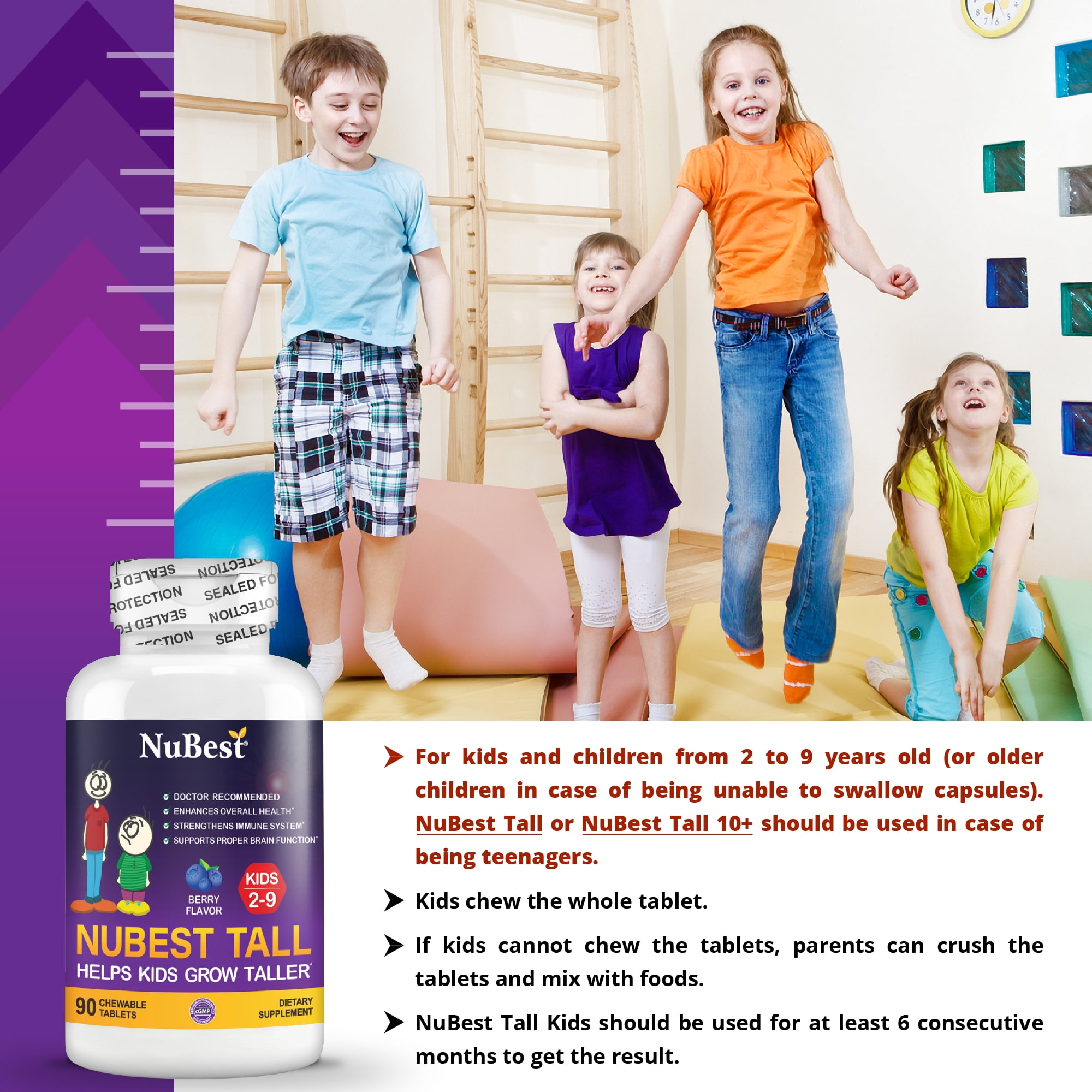 Nubest Tall Kids Healthy Growth For Kids Ages 2 To 9 Multivitamins And Multiminerals Berry Flavor Helps Kids Grow 90 Chewable Tablets Pack Of 12 Walmart Com Walmart Com