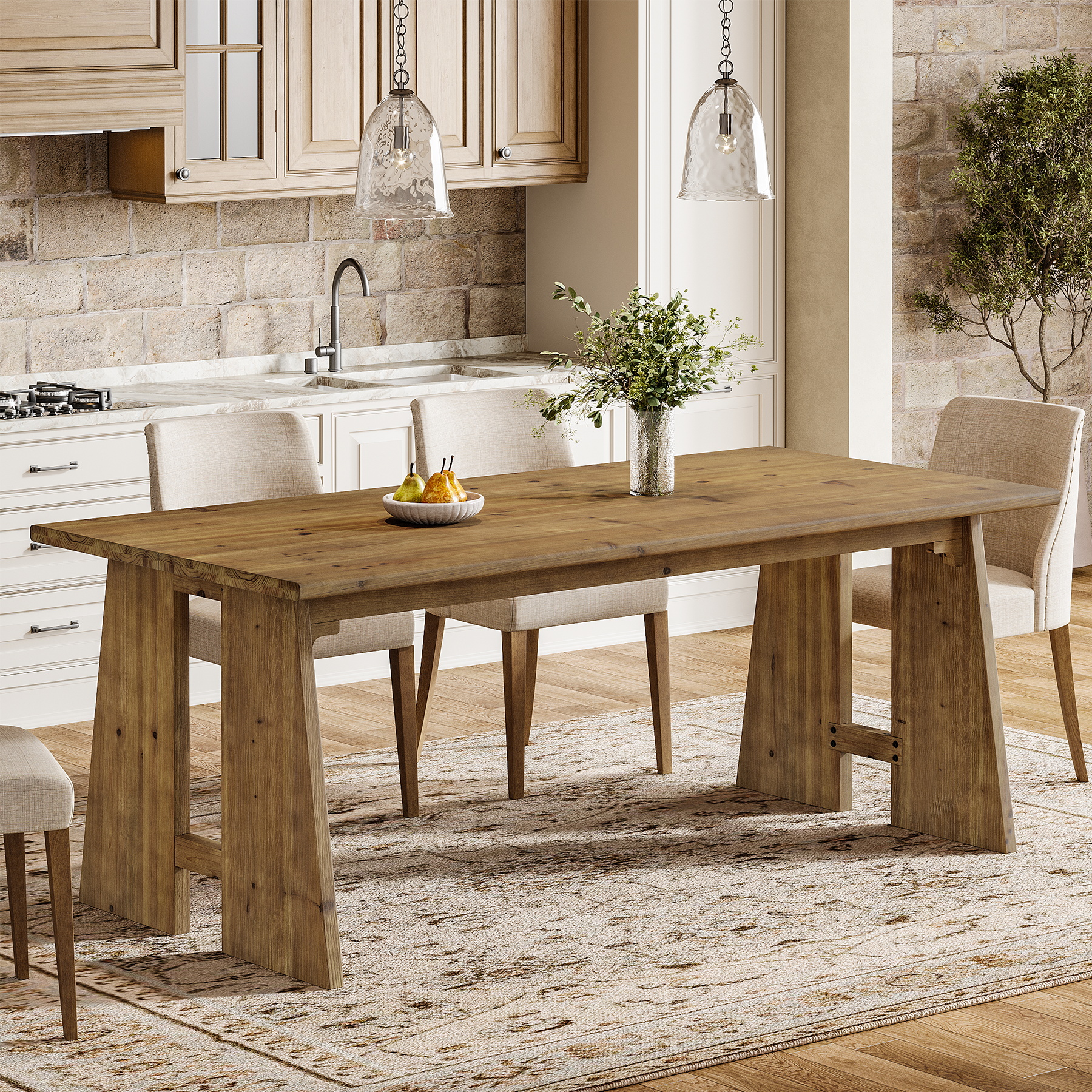Finmind 70.87" Solid Wood Dining Table for 6-8, Farmhouse Kitchen Table with Sturdy Legs, Rectangle Dinner Furniture for Kitchen, Living Room, Brown