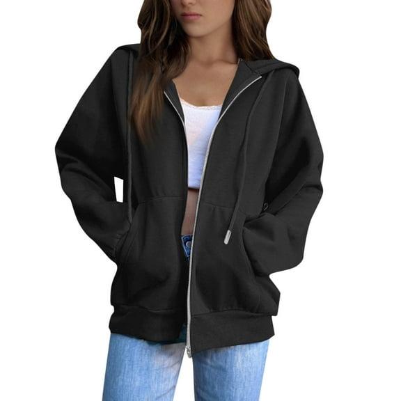 Womens Zip Up Hoodies Oversized Sweatshirts Fall School Fashion Outfits Casual Jackets 2025 Winter Clothes Black 2XL