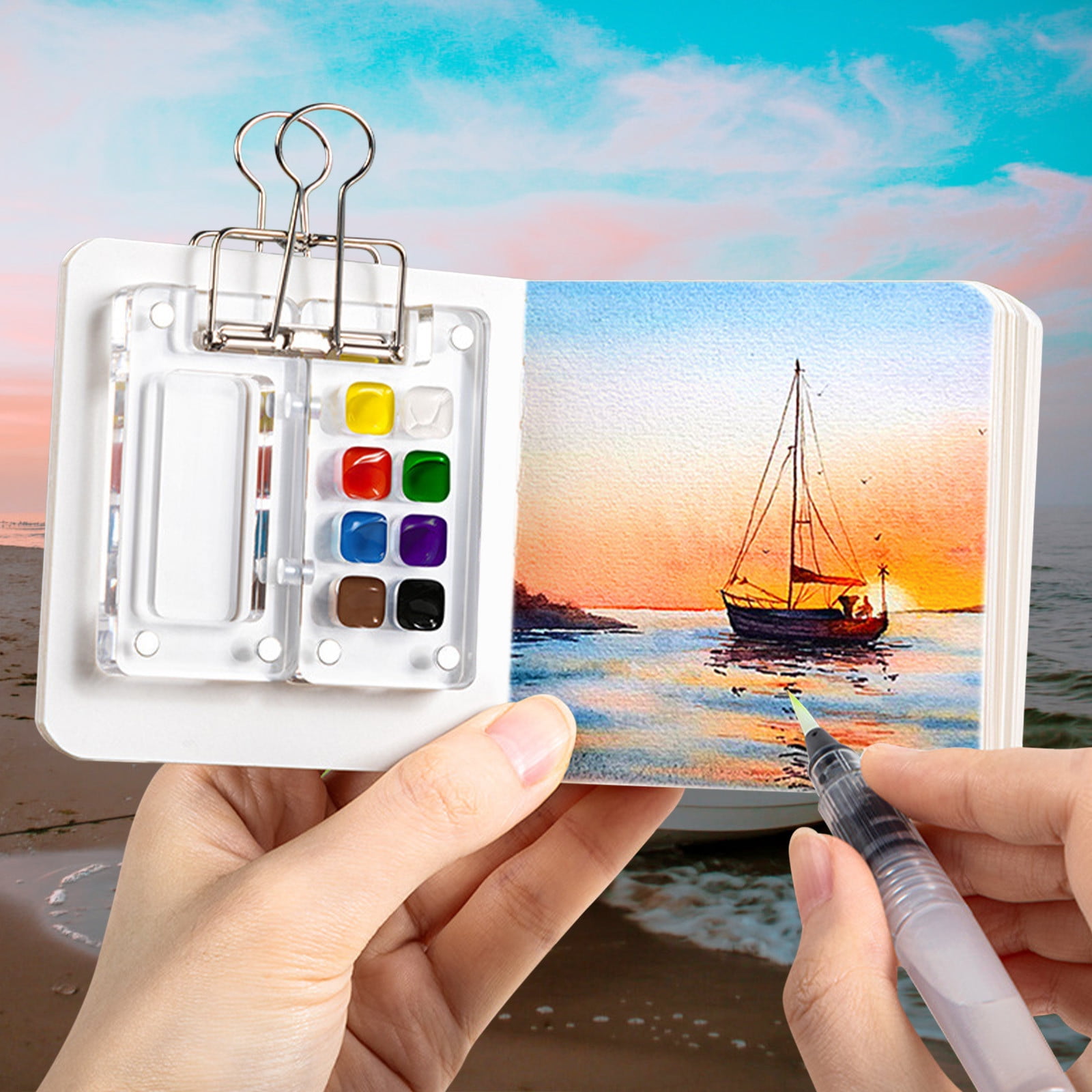 Acrylic Portable Palette with Clip, 8 Grids Portable Palette Watercolor Pocket Wooden Paint Palette Mini Travel Paint Tray Box for Watercolor, Gouache (Pigment Not Included)