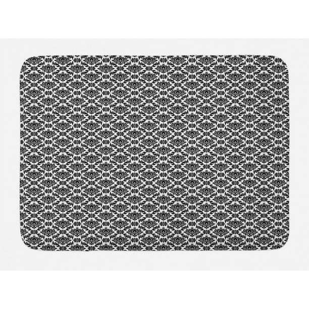 Black and White Bath Mat, Monochrome Flourishes with Design