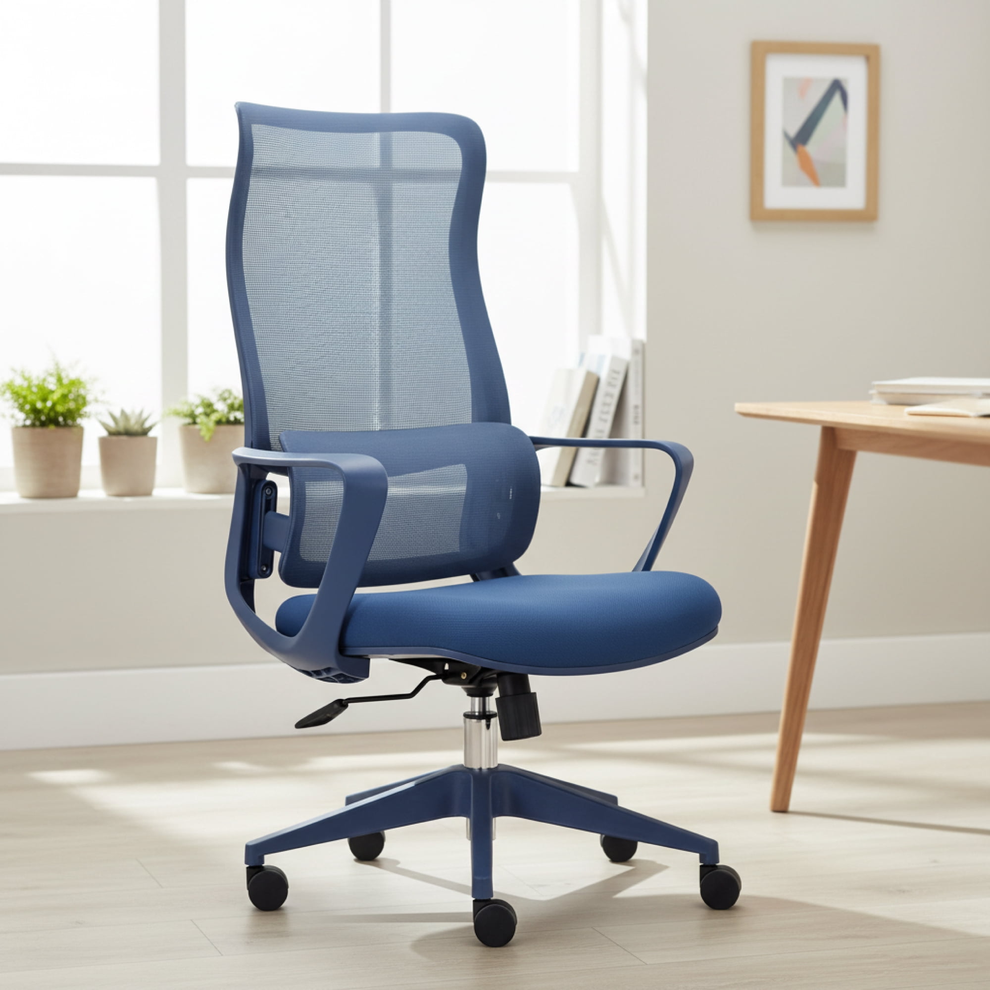 Modern Fabric Ergonomic Office Chair with Adjustable Lumbar Support, High Back Swivel Task Chair with Armrests for Home Office & Meeting Room, Blue