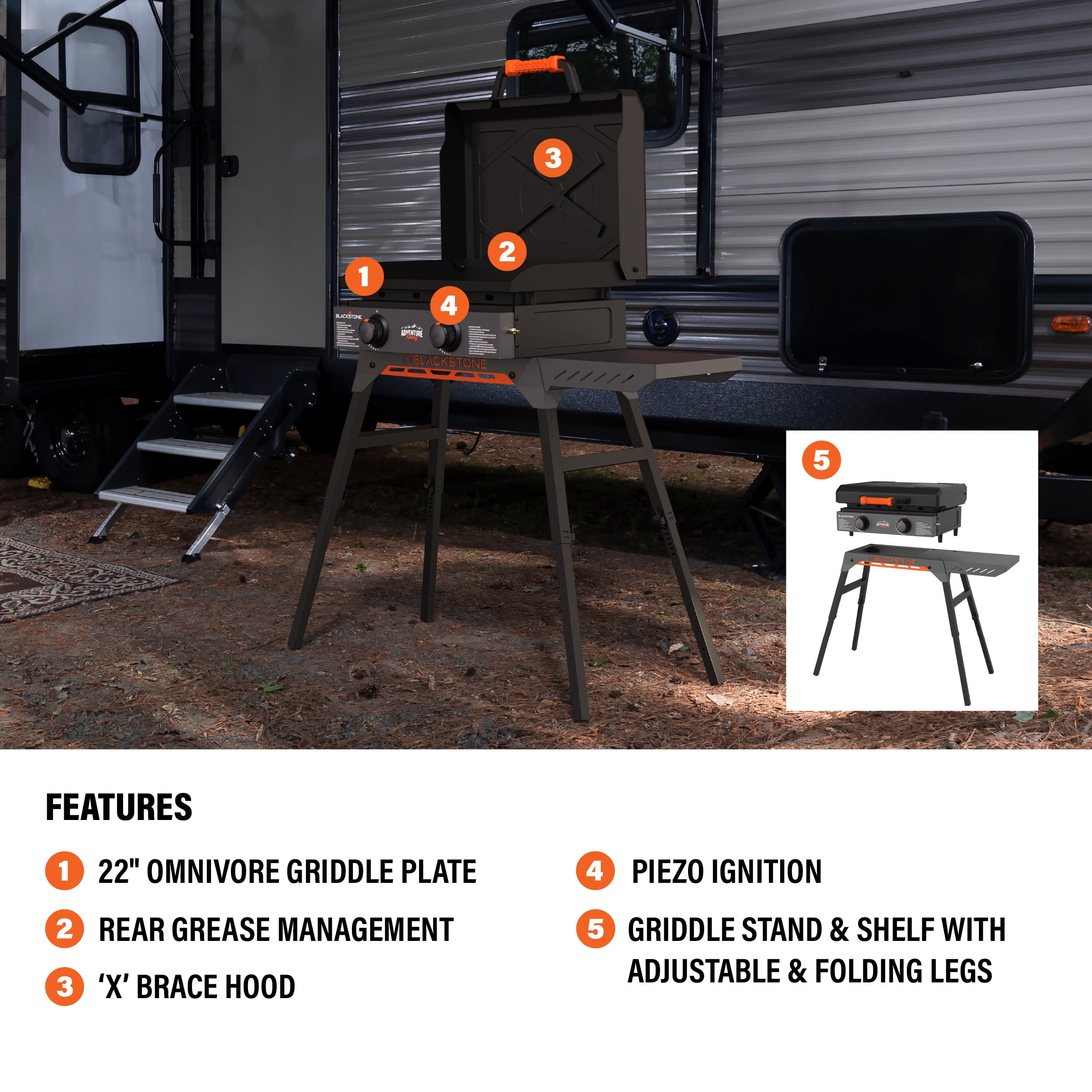 Blackstone Adventure Ready Outdoor Griddle, 2-Burner 22" Propane Flat Top Grill with Hood and Stand, Gray