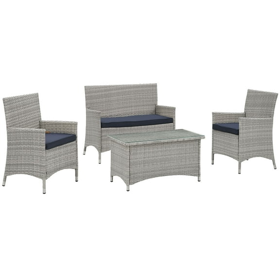 Modern Contemporary Urban Design Outdoor Patio Balcony Four PCS Lounge Chairs and Coffee Table Set, Navy Blue, Rattan
