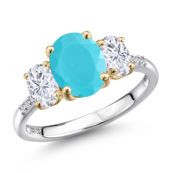 Gem Stone King 925 Silver and 10K Yellow Gold Green Turquoise and White Moissanite and Lab Grown Diamond Engagement Ring for Women | 2.56 Cttw | Oval 9X7MM | Birthstone | Size 8