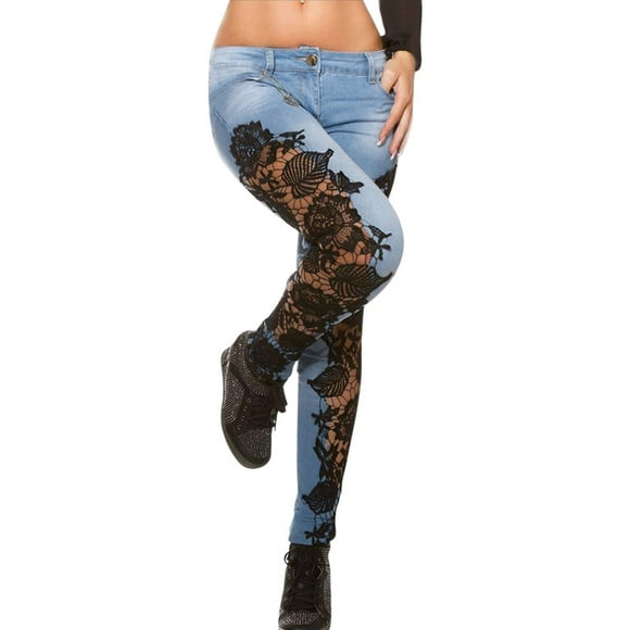 Bmisegm Fashion Women Lace Hollow Out Floral Appliques Skinny Denim Jeans Pencil Pants Y2K Jeans for Women Black XXL