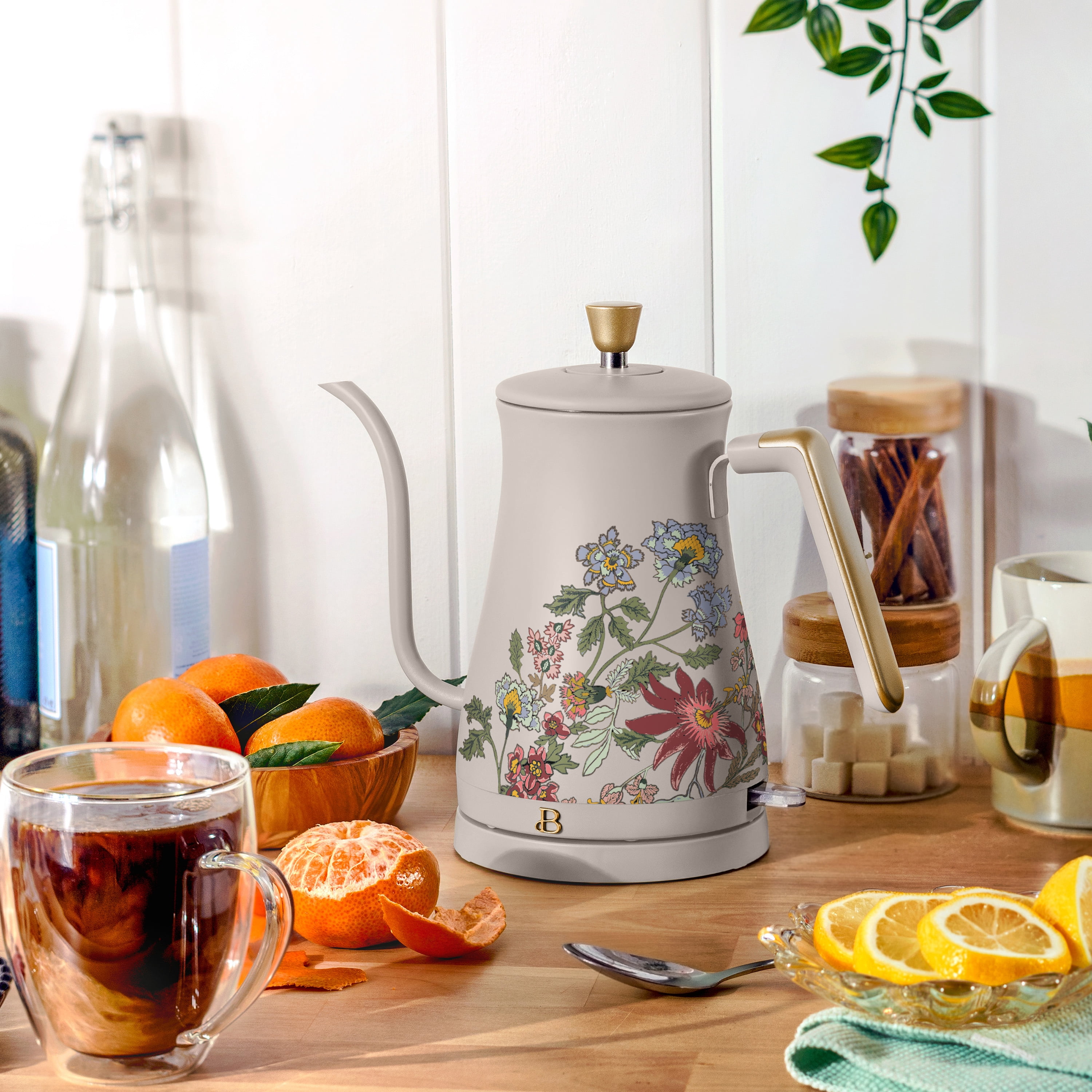 Beautiful 1-Liter Electric Gooseneck Kettle 1200 W, Wildflower Porcini Taupe by Drew Barrymore