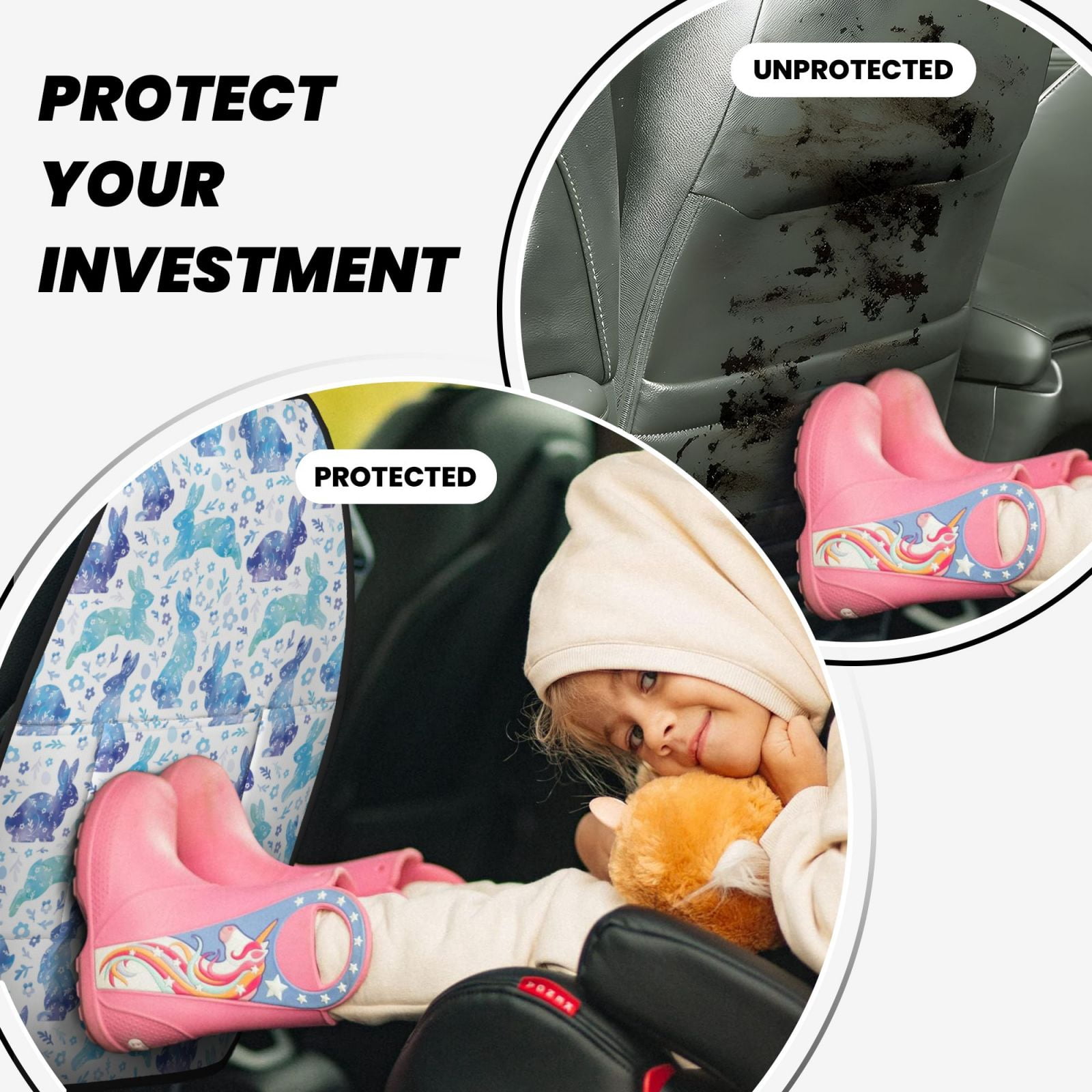 Xecao Rabbit2 Pattern Car Seat Back Protector 2 Pack Large Capacity Pocket, Kick Mats Back Seat Protector