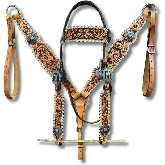 Western Premium Leather Equestrian Headstall, Breast Collar, Reins & Wither Straps - Hand-Carved Tooled Beaded Design (FULL)