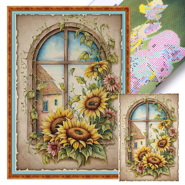 Kit Punto Cruz Con Póster Girasol Impreso Hilo Algodón Ecológico Bordado 11CT