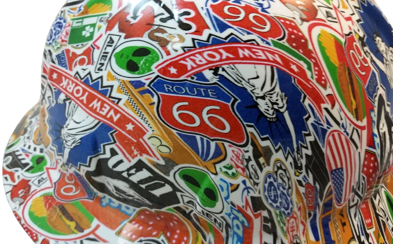 Route 66 Sticker Bomb Hydro Dipped Hard Hats, Full Brim Design with 4 Pt Suspension