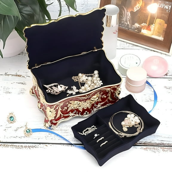 DESIGNICE Red Zinc Alloy Rhinestone Vintage Flower Jewelry Box,Velvet Lined