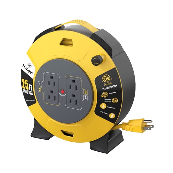 Hongyi Heavy Duty Extension Cord Reel 25ft,16AWGX3C,SJT,4-Outlet,Yellow