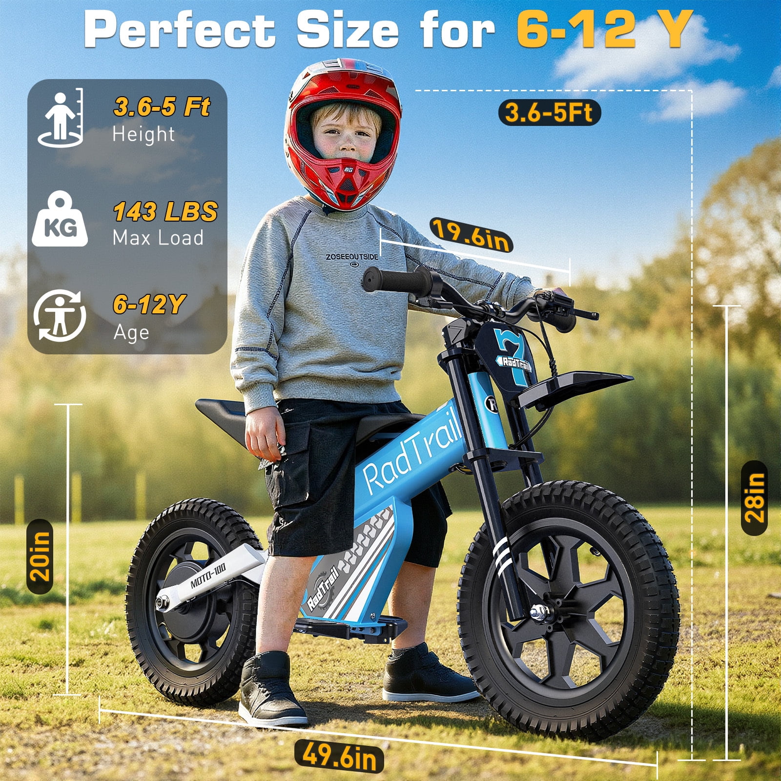 East doll 36V Electric Dirt Bike for Kids, 14" Pneumatic Tire, 200W Peak Brushless Motor, Kids Electric Dirt Bike Ages 6-12, Up to 13 MPH & 13 Miles Range, Twist Throttles, Max Load 143 Lbs, Blue
