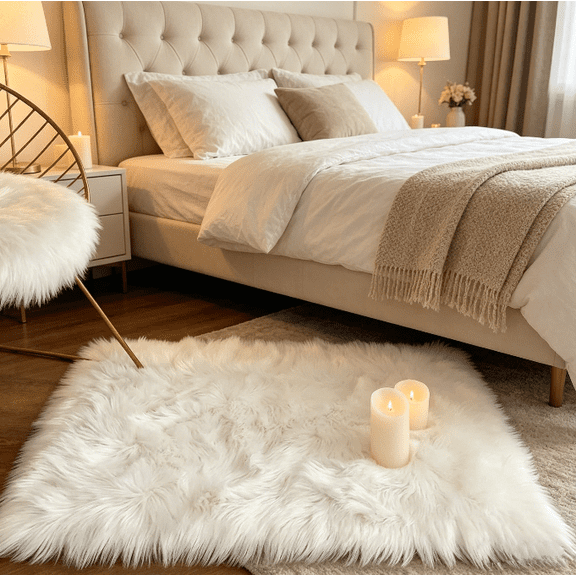 YJ.GWL Fluffy Faux Sheepskin Plush Area Rug Soft Fuzzy Rugs Floor Carpet for Bedroom Living Room,2'x 3',White