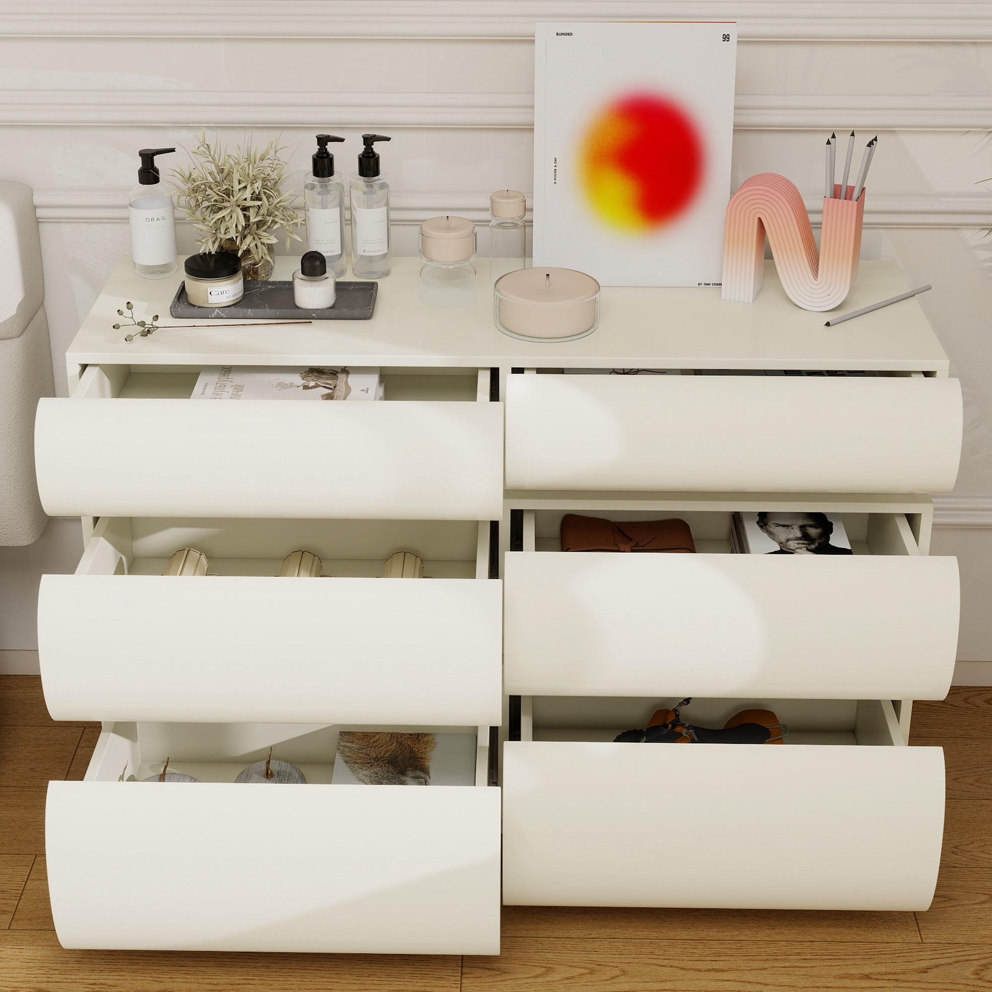 HIUU Modern dressers & chests of drawers with 6 Drawers, Dresser Cabinet Clothes Storage for Bedroom, Wooden Dressers Drawers with Spacious Tabletop（White）