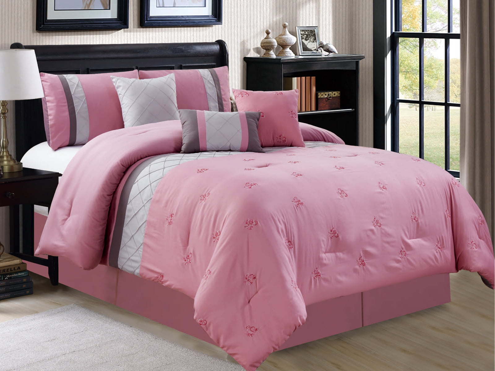 7 Pc Floral Embroidery Pleated Diamond Stripe Comforter Set Pink Gray Silver King Walmart Com Walmart Com