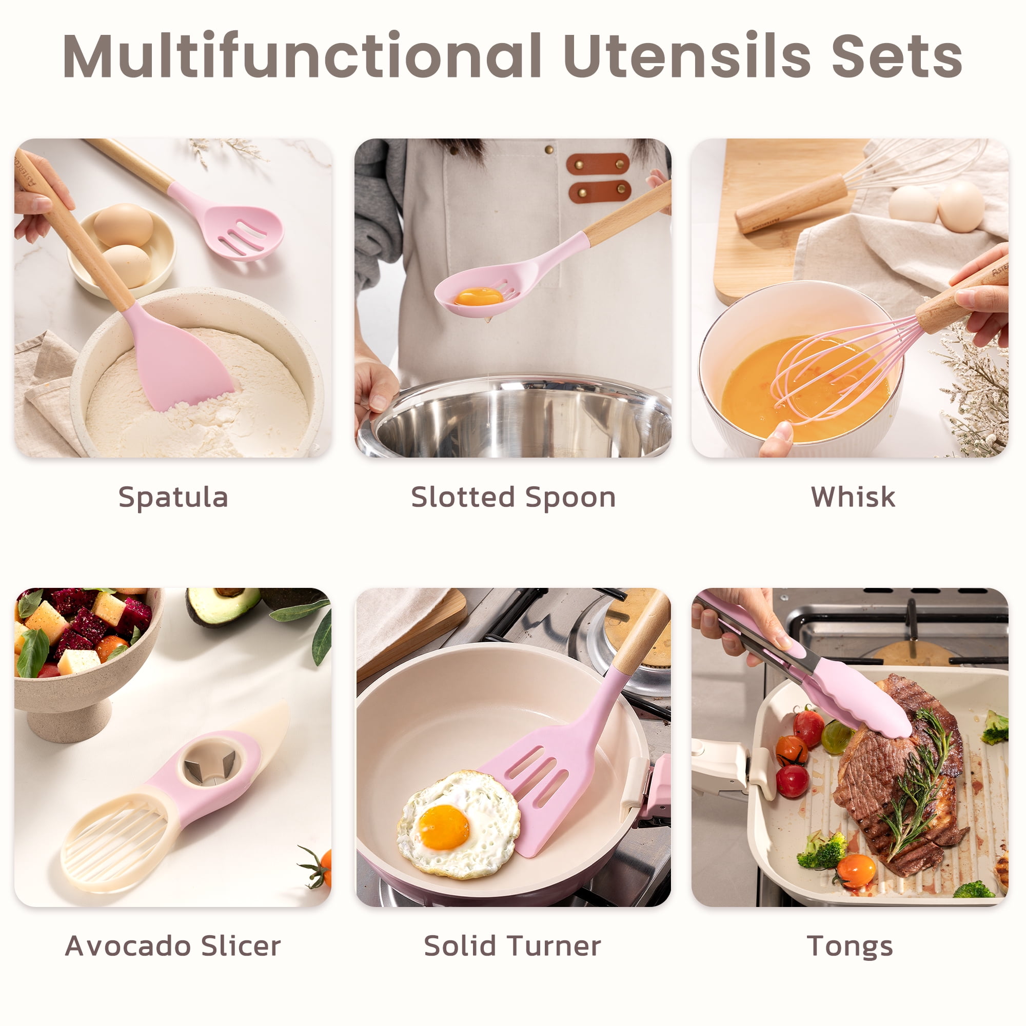 Astercook Silicone Cooking Utensils Set, 38 PCS Kitchen Utensils Set for 446°F Heat Resistant, Food Grade Utensil Sets with Wooden Handle, Kitchen Gadgets for Nonstick Cookware BPA Free (Pink)