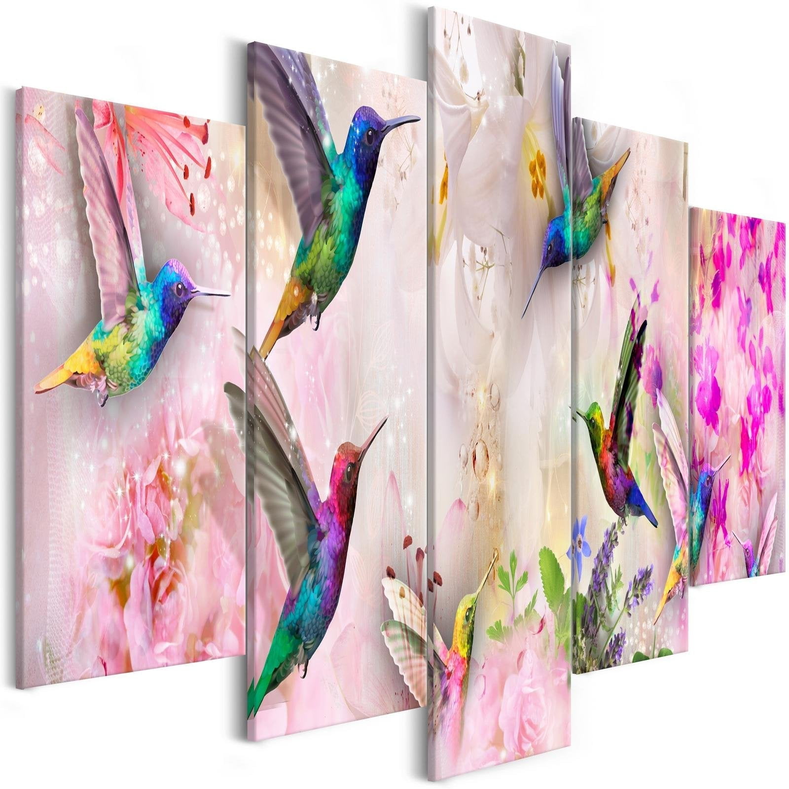 Tiptophomedecor Stretched Canvas Animal Art - Colourful Hummingbirds Pink 5 Piece - Stretched & Framed Ready To Hang Art Tiptophomedecor Stretched Canvas Animal Art - Colourful Hummingbirds Pink 5 Piece - Stretched & Framed Ready To Hang Art