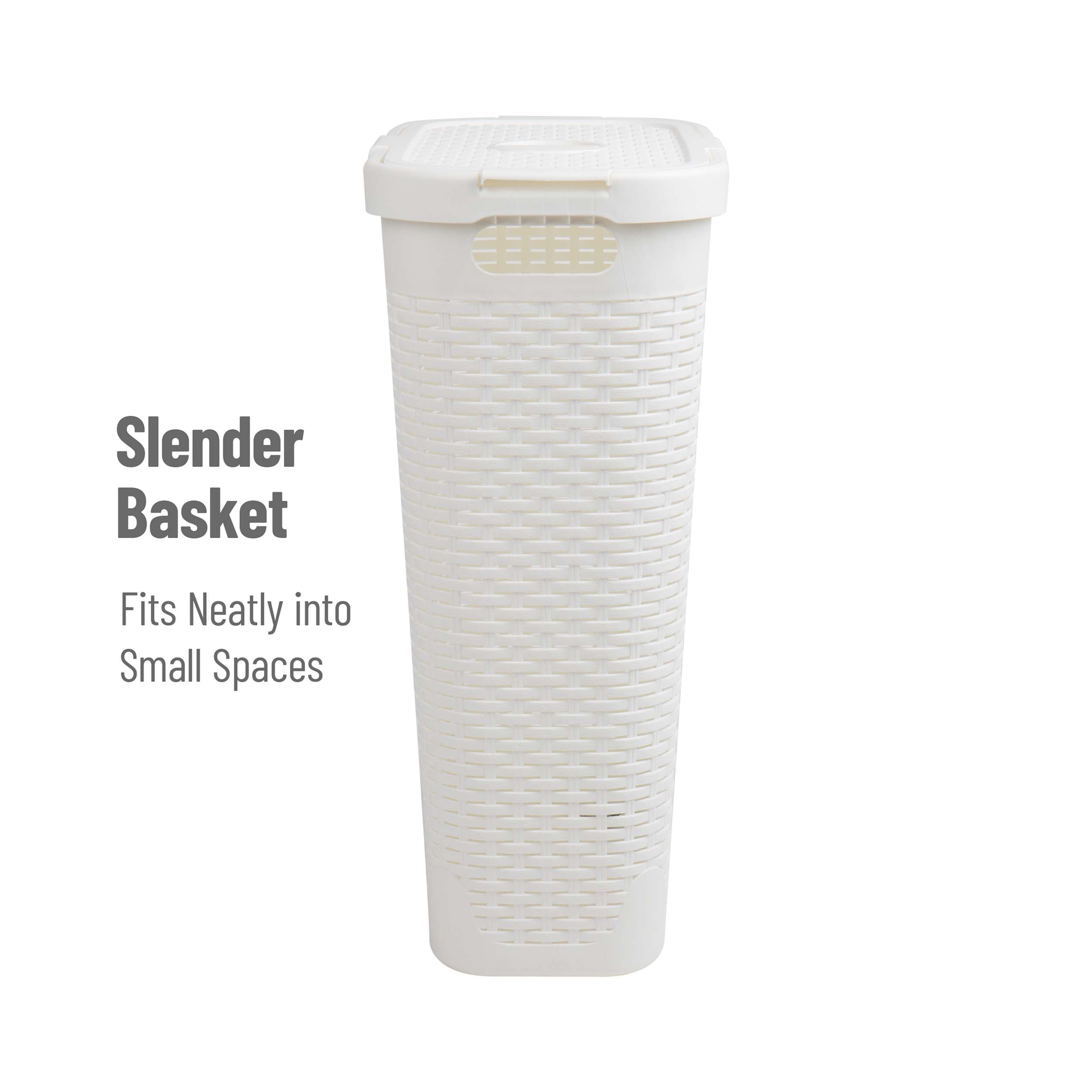 Mind Reader 40L Slim Laundry Hamper, Clothes Basket, Lid, Wicker Design, Plastic, 18"L x 10.4"W x 23.5"H, Set of 2, White